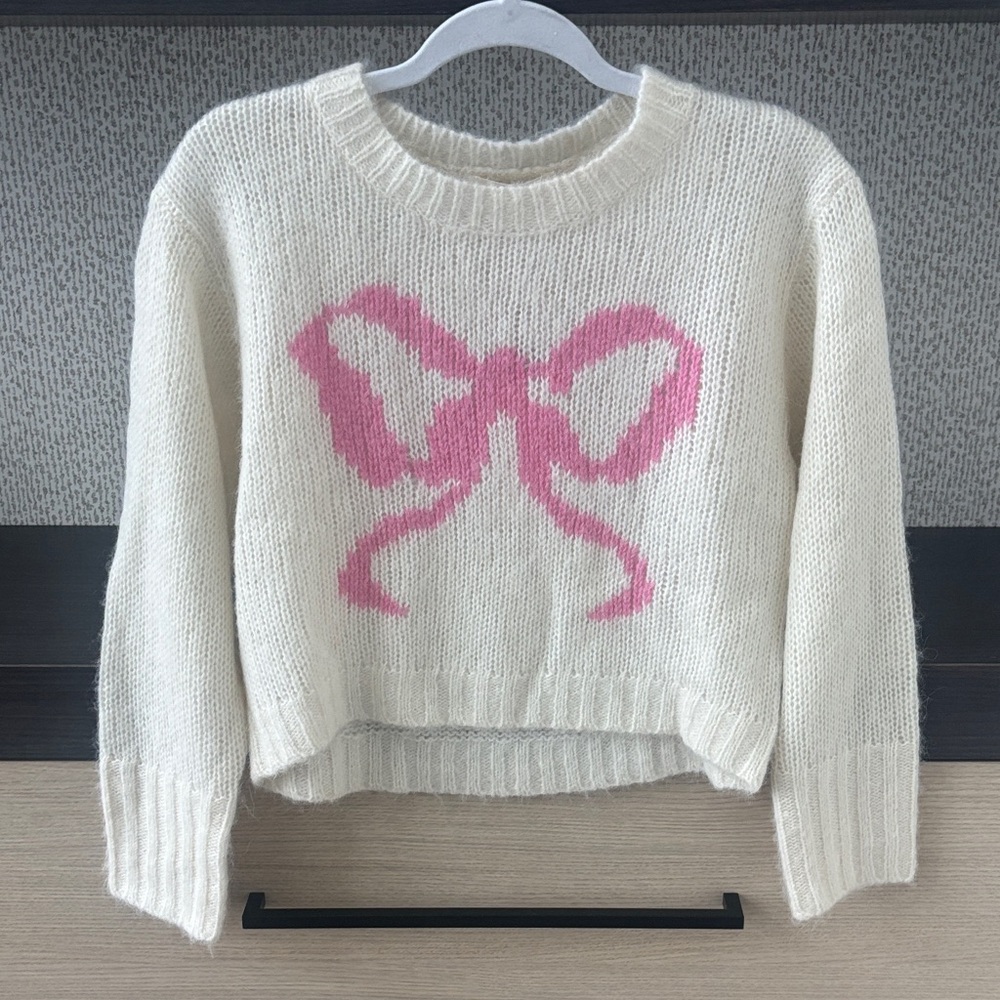 Love Shack Fancy Cream Sweater with Pink Bow Design